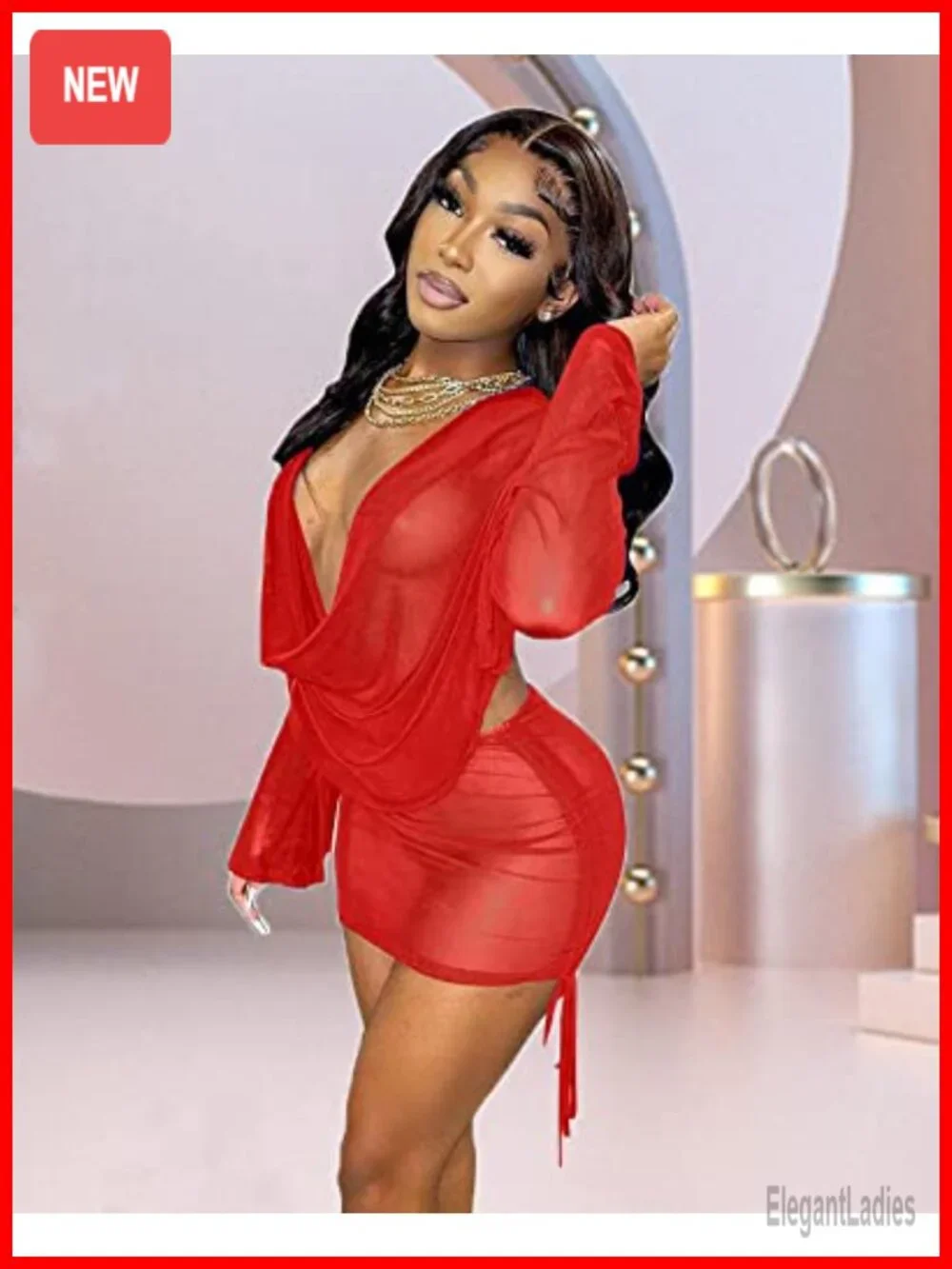 Two Piece Mesh Mini Dress Set Sexy Long Sleeve Backless Clubwear